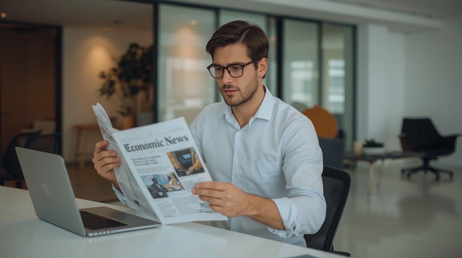 Reader with an economic journal in a modern office setting